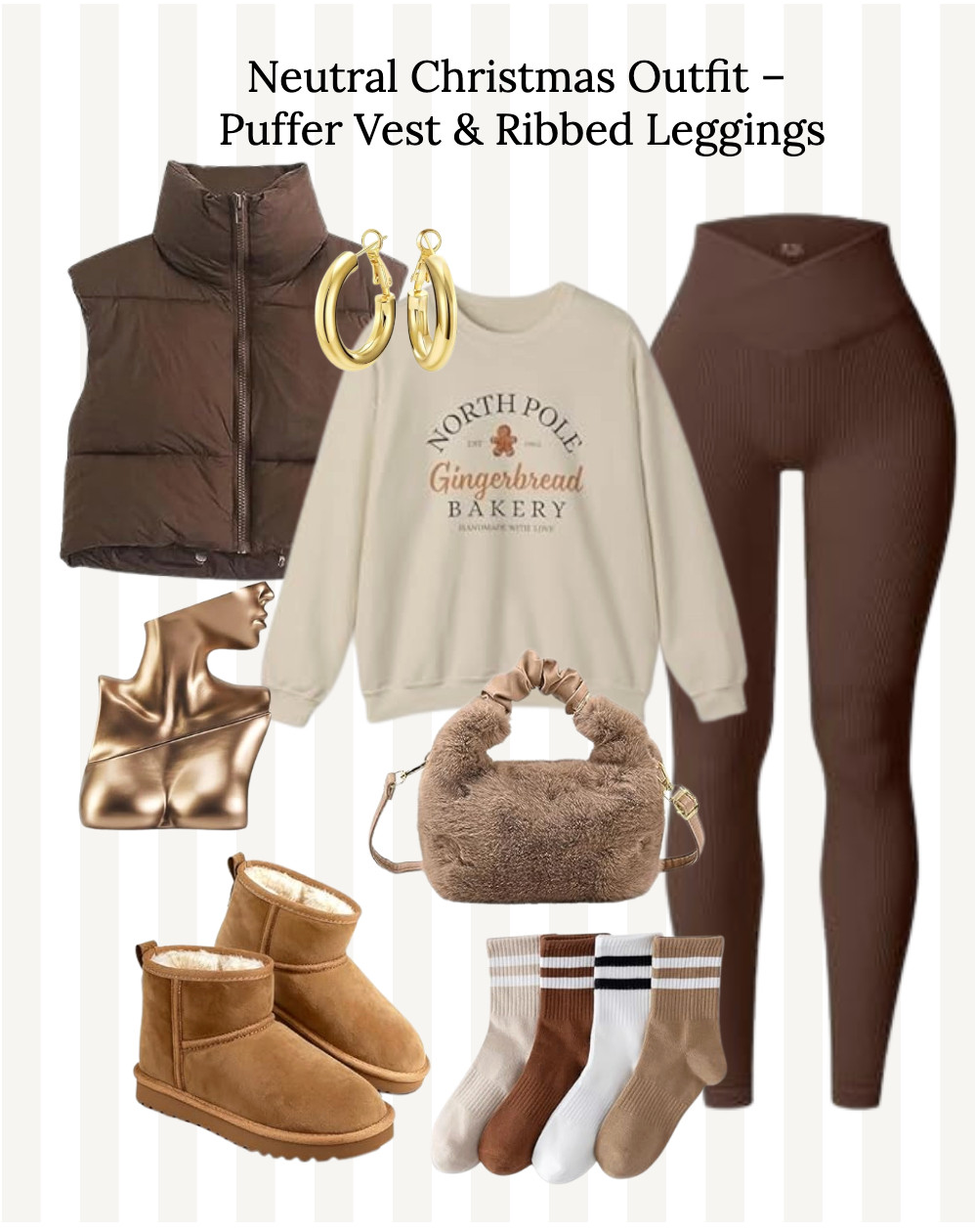 This holiday neutral outfit includes a gingerbread graphic sweatshirt, ribbed leggings, a chocolate puffer vest, sherpa-lined boots, striped socks, and gold accessories. Perfect for Christmas activities, cozy winter days, and casual holiday style. #GingerbreadAesthetic #ChristmasOutfit #NeutralStyle #WinterFashion #CozyOutfits  #AmazonFashion #HolidayAesthetic #WinterOOTD #cozyoutfits 

 #LTKgrwm #LTKootd #LTKTravel