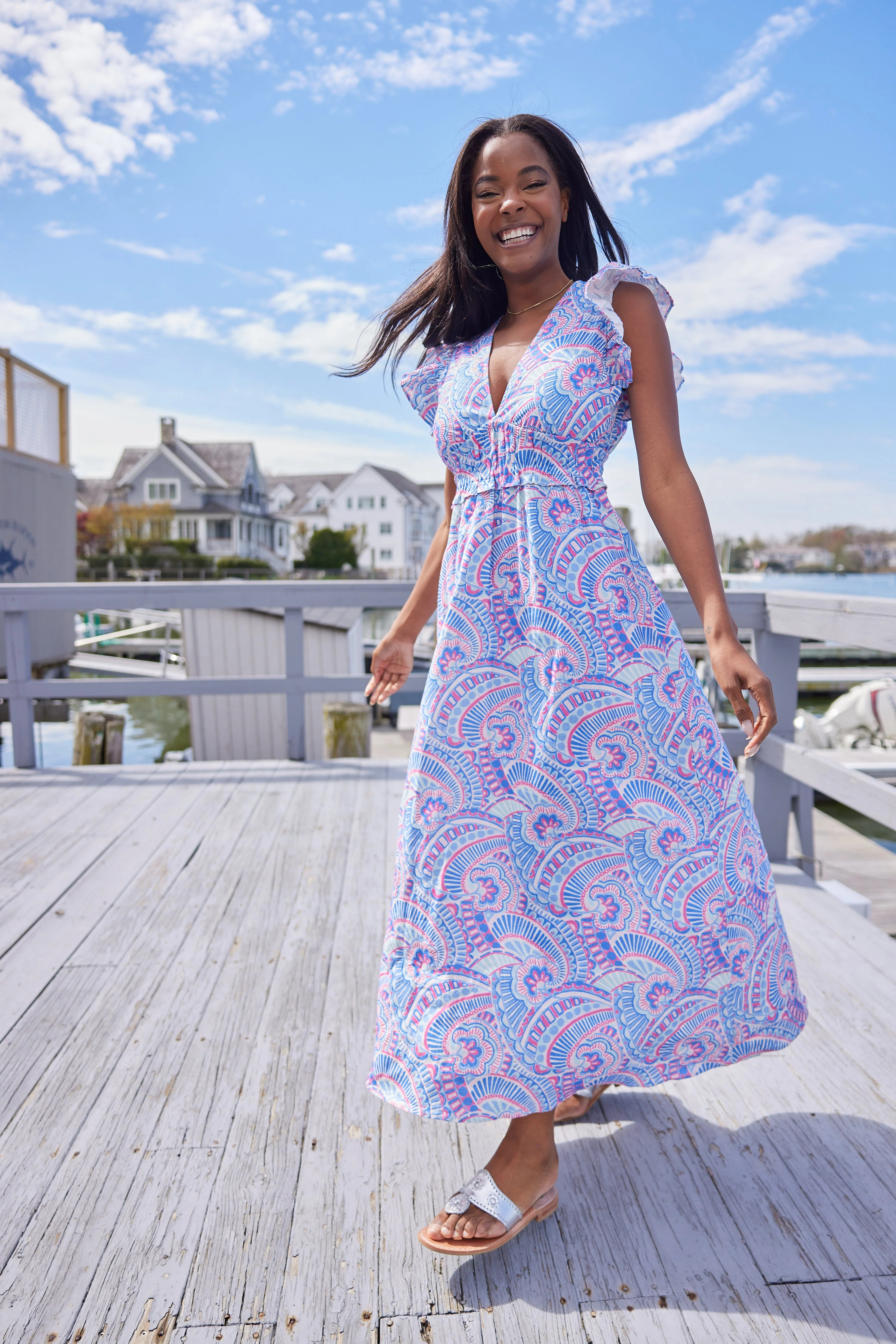 Kaleidoscope Print Flutter Sleeve V-Neck Maxi Dress | Sail to Sable