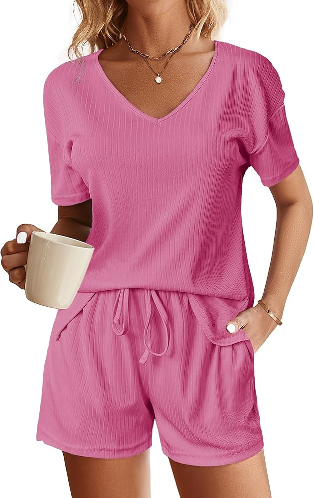Ekouaer Womens Ribbed Knit Lounge Set Short Sleeve Top and Shorts Sleepwear Pajama Set Two Piece ... | Amazon (US)