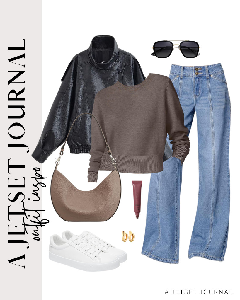 For a stylish dark outfit, try pairing a coffee-colored sweatshirt with wide-leg jeans, and add an oversized faux black leather jacket on top. Complete the look with white tennis shoes and a pair of gold earrings as accessories - you’ll love it! 

 #LTKSeasonal #LTKSaleAlert #LTKTravel