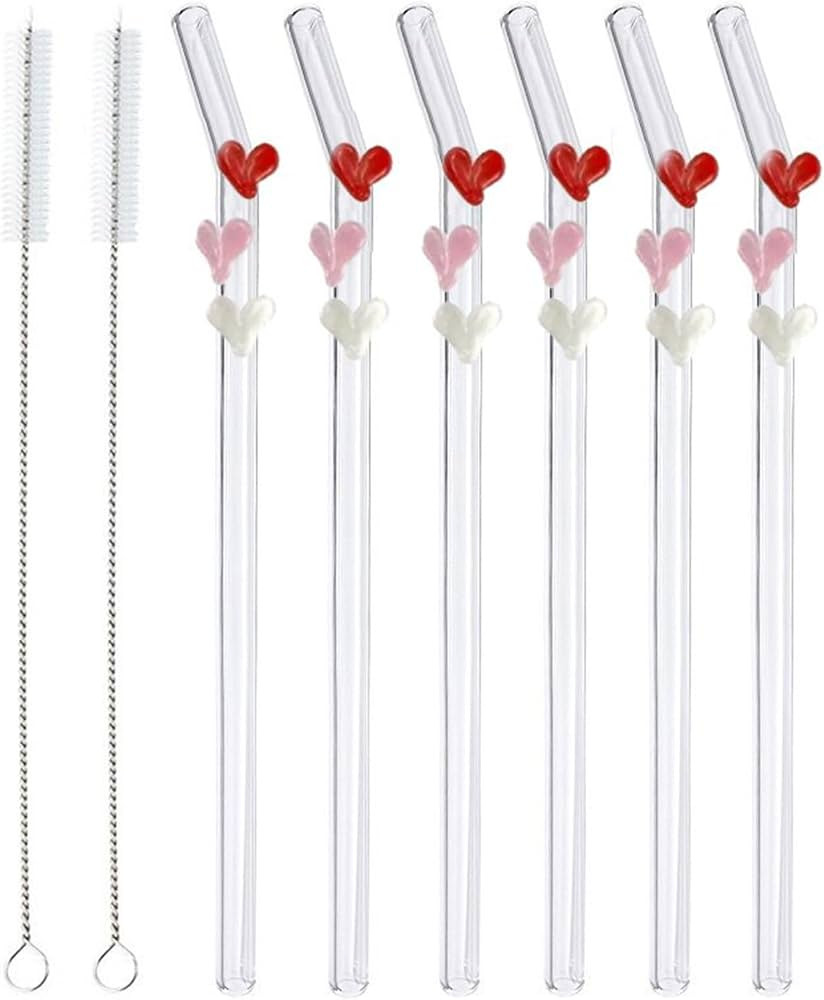 CYISONAL 6 Pack Reusable Glass Straws with 2 Cleaning Brushes,7.86Inch 3-Colors Hearts Clear Stra... | Amazon (US)