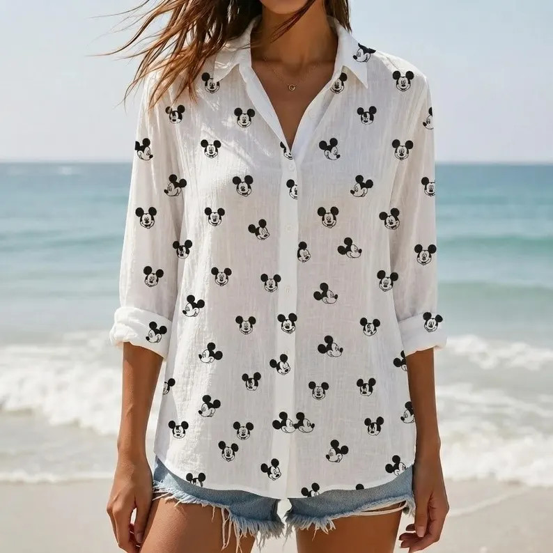 Classic Mickey Face Blouse Shirt, Minimal Character Pattern Top, Everyday Disney Inspired Fashion... | Etsy (Global)