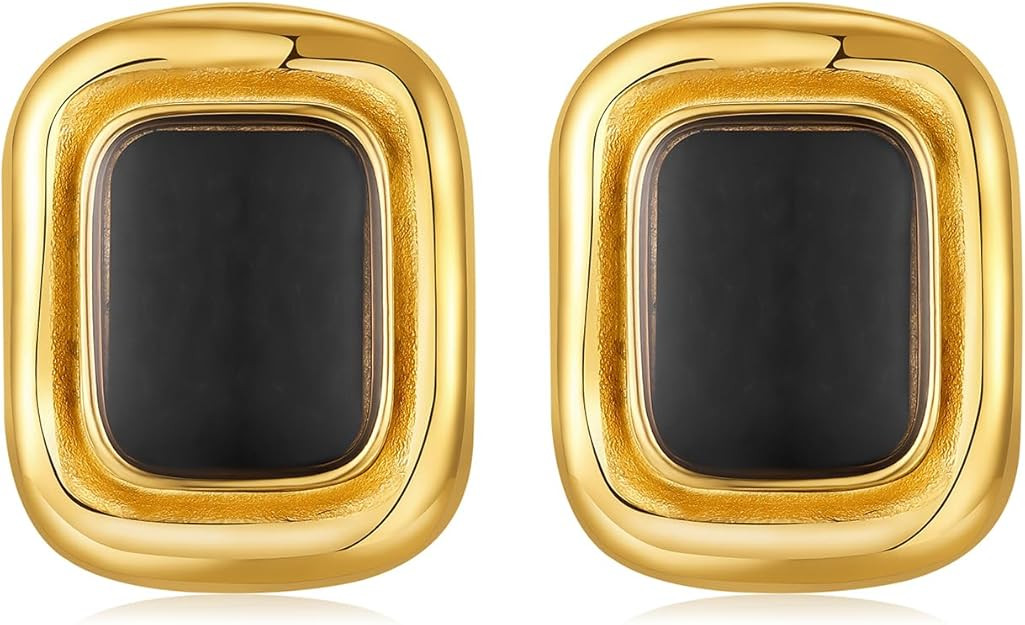 Chunky Gold Earrings Vintage Square Earrings Women Black and Gold Statement Earrings 18K Gold Stu... | Amazon (US)