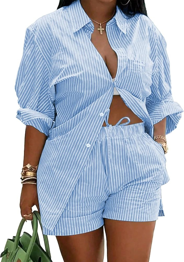 Ulovmi 2 Piece Sets For Women Summer Striped | Amazon (US)