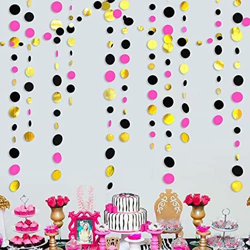 52 Ft Black Hot Pink and Gold Circle Dots Garland Hanging Paper Polka Dots Streamer for Birthday Bac | Amazon (US)