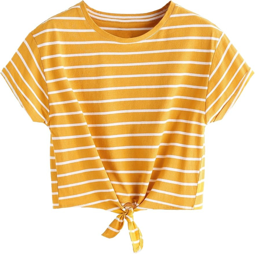 Romwe Women's Knot Front Cuffed Sleeve Striped Crop Top Tee T-Shirt | Amazon (US)
