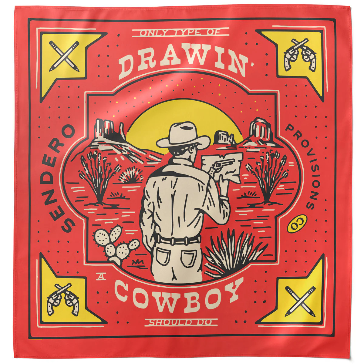 Drawin' Cowboy Bandana - Red | Sendero Provisions Co.