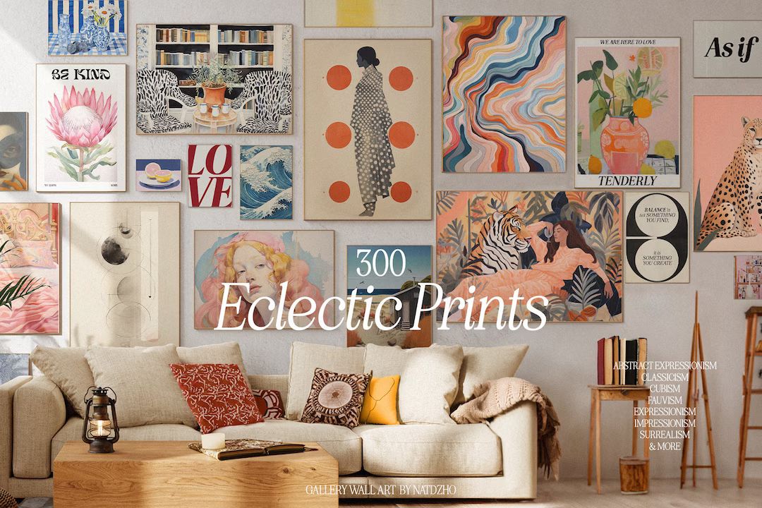 300 Eclectic Prints. Maximalist Gallery Wall Set Pink Blue - Etsy | Etsy (US)