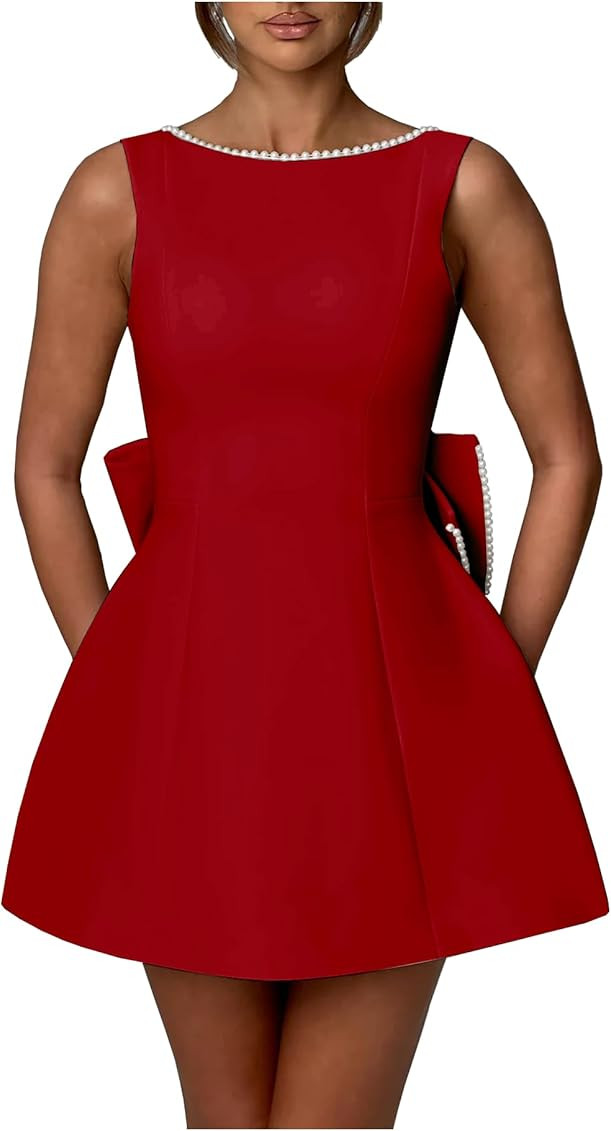 Sevintage Satin Pearl Homecoming Dress with Bow Short Modest Mini Cocktail Dresses for Wedding | Amazon (US)