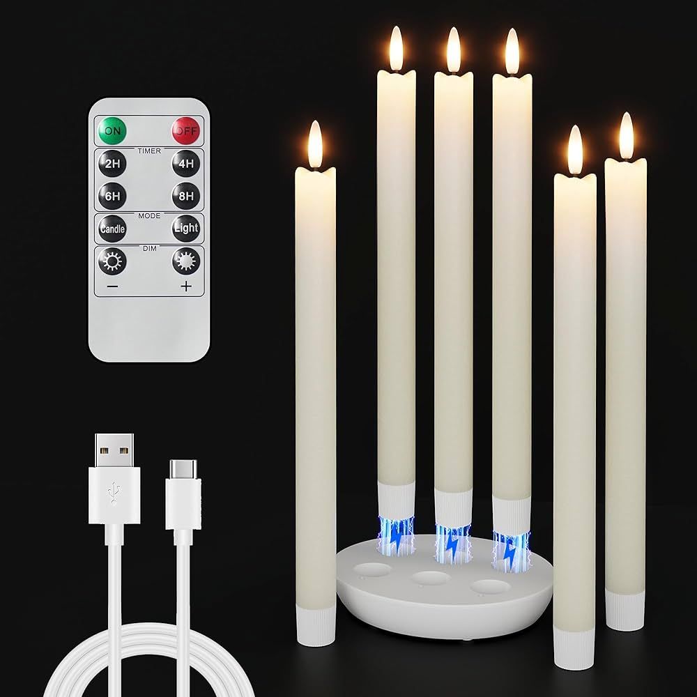 NOMFIX 6 Pcs Rechargeable Flameless Taper Candles, Real Wax Flickering Flameless Candlesticks wit... | Amazon (US)