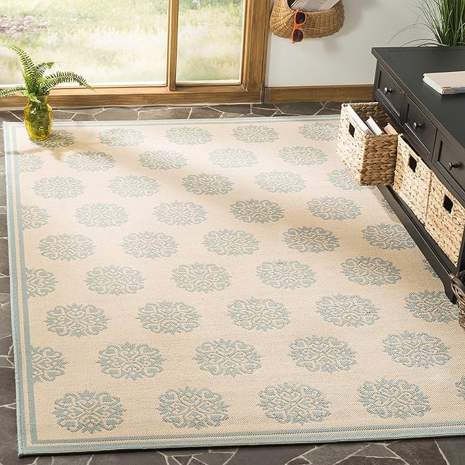 SAFAVIEH Washable Rug Outdoor Linden Collection - 5'3" x 7'6", Cream & Aqua, Non-Shedding & Easy ... | Amazon (US)