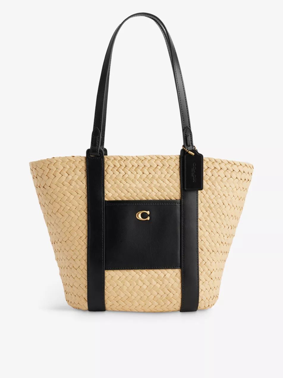 Logo-patch straw and leather tote bag | Selfridges