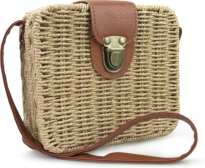 Hoxis Retro Straw Portable Small Box Woven Womens Cross Body Bag Shoulder Messenger Satchel | Amazon (US)