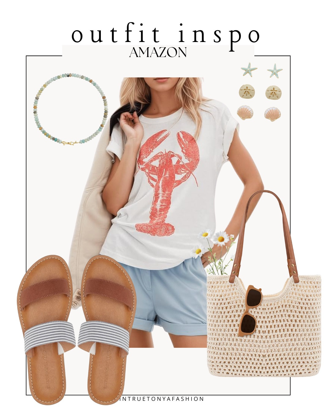 Summer outfit idea — lobster graphic tee, striped sandals (runs small, I went up half a size) summer tote bag, beaded necklace and seashell earrings






Amazon outfits every outfit inspo, outfit ideas, casual outfits amazon, amazon outfits every day, spring outfits 2026, summer outfits, vacation outfit, coastal style, beach tshirt, beach tee, coastal tee

#LTKSeasonal #LTKSaleAlert #LTKTravel