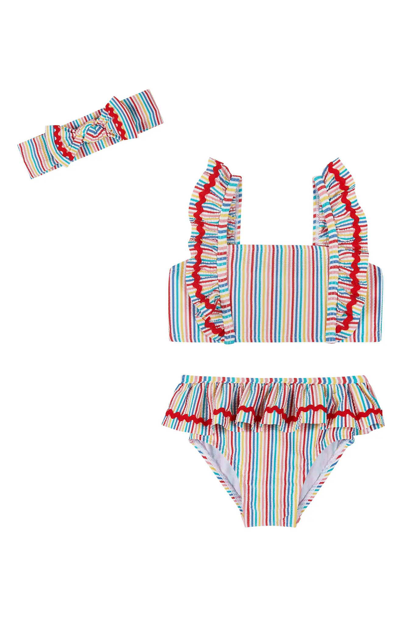 Andy & Evan Three-Piece Ruffle Trim Bikini & Headband Set in Rainbow at Nordstrom Rack, Size 9-12M | Nordstrom Rack
