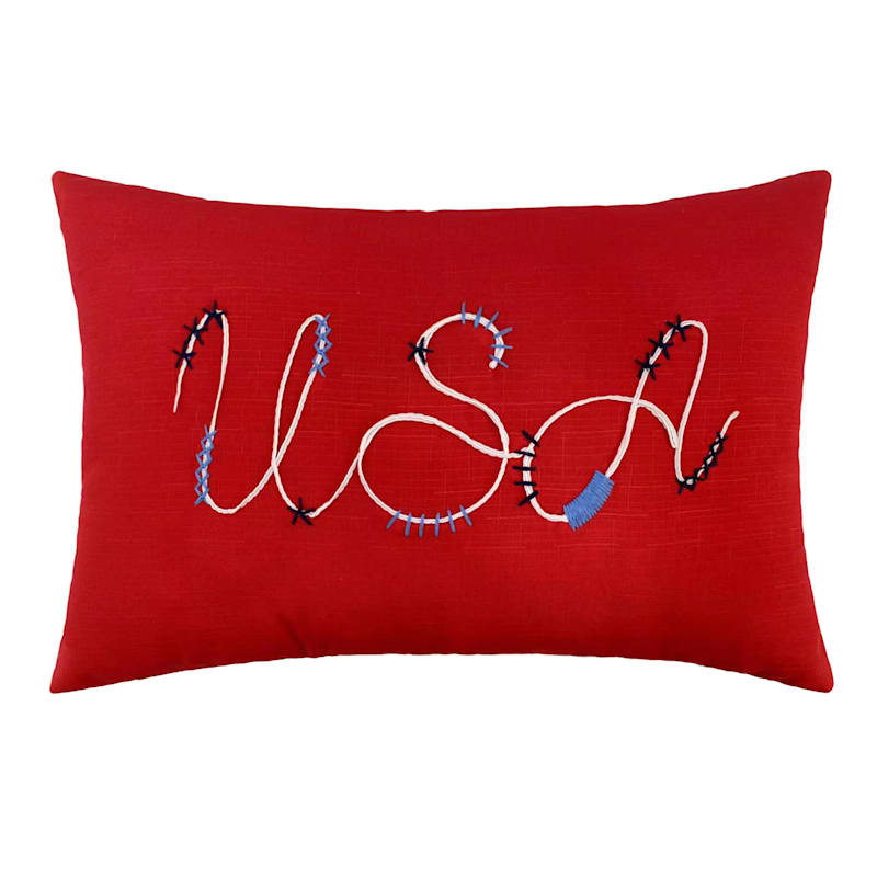 Red USA Embroidered Lumbar Outdoor Throw Pillow, 14x20 | At Home