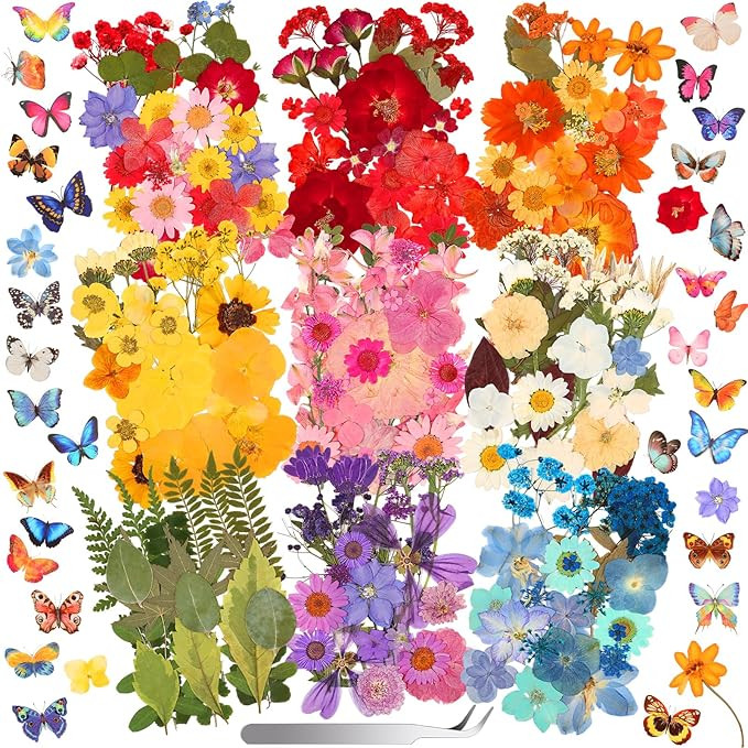 318 PCS Pressed Flowers Butterfly Stickers for Craft, Real Dried Pressed Flowers Bulk Natural Dry... | Amazon (US)