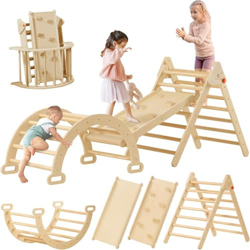 Tiny Land Pikler Triangle Set, 7-in-1 Foldable Pikler Triangle Climbing Toys Set for Kids,Baby Indoor Playground Jungle Gym, Wooden Montessori Climbing Set for Toddler (Natural) | Amazon (US)