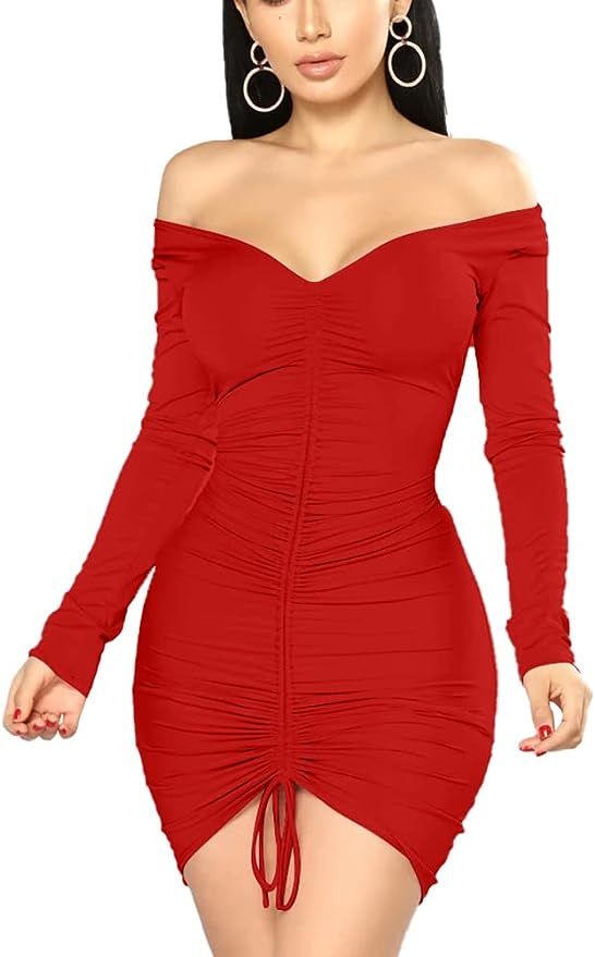 XXTAXN Women's Sexy Elegant Long Sleeve Off The Shoulder Ruched Mini Dress | Amazon (US)