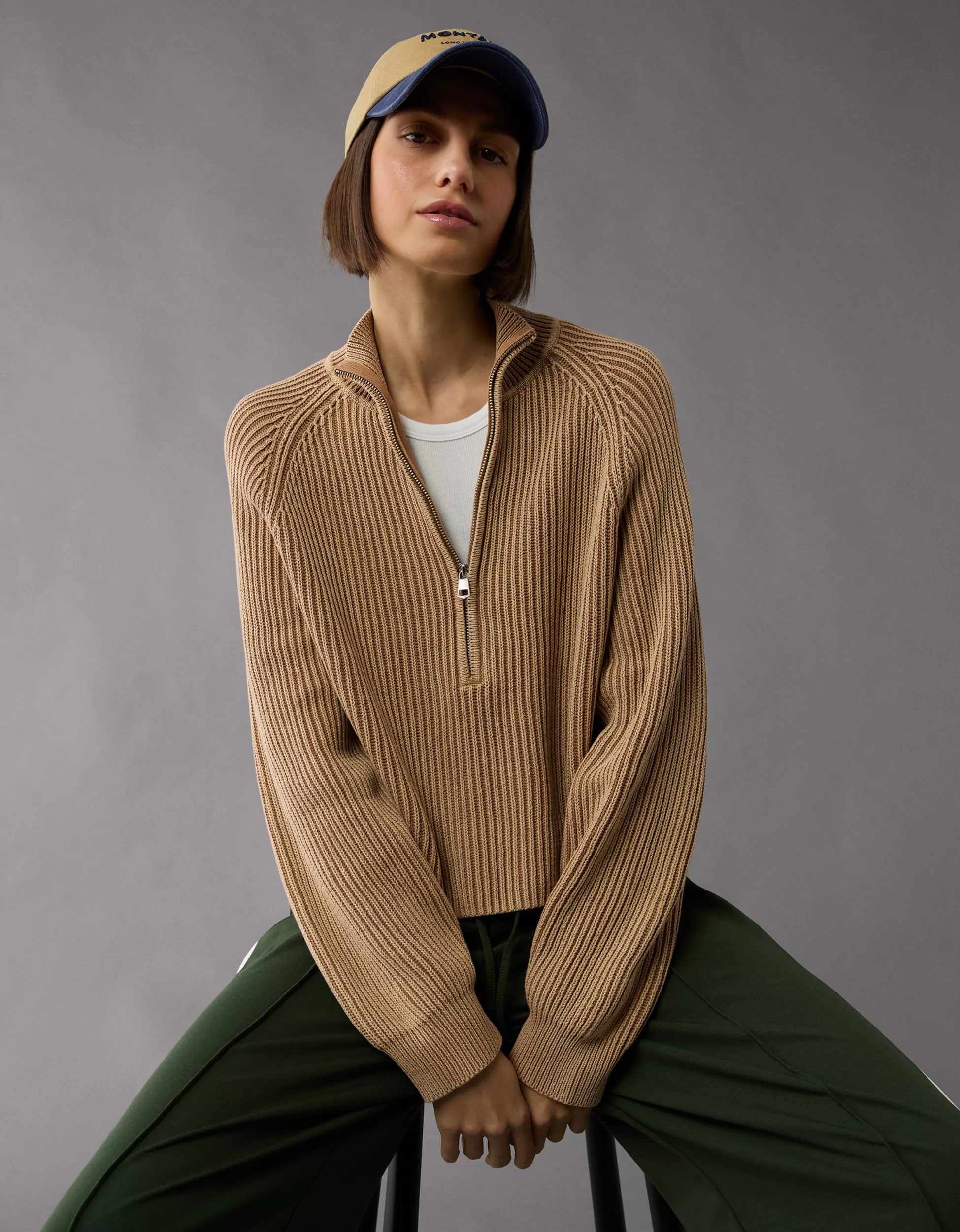 AE Cropped Mock Neck Quarter-Zip Sweater | American Eagle Outfitters (US & CA)