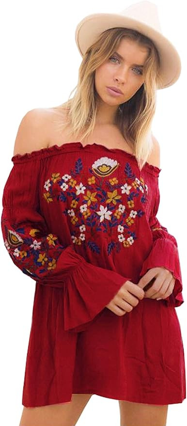 R.Vivimos Womens Floral Embroidered Off Shoulder Long Sleeve Short Dresses | Amazon (US)