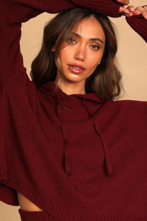 At the Lodge Burgundy Fuzzy Criss Cross Back Pullover Hoodie | Lulus (US)