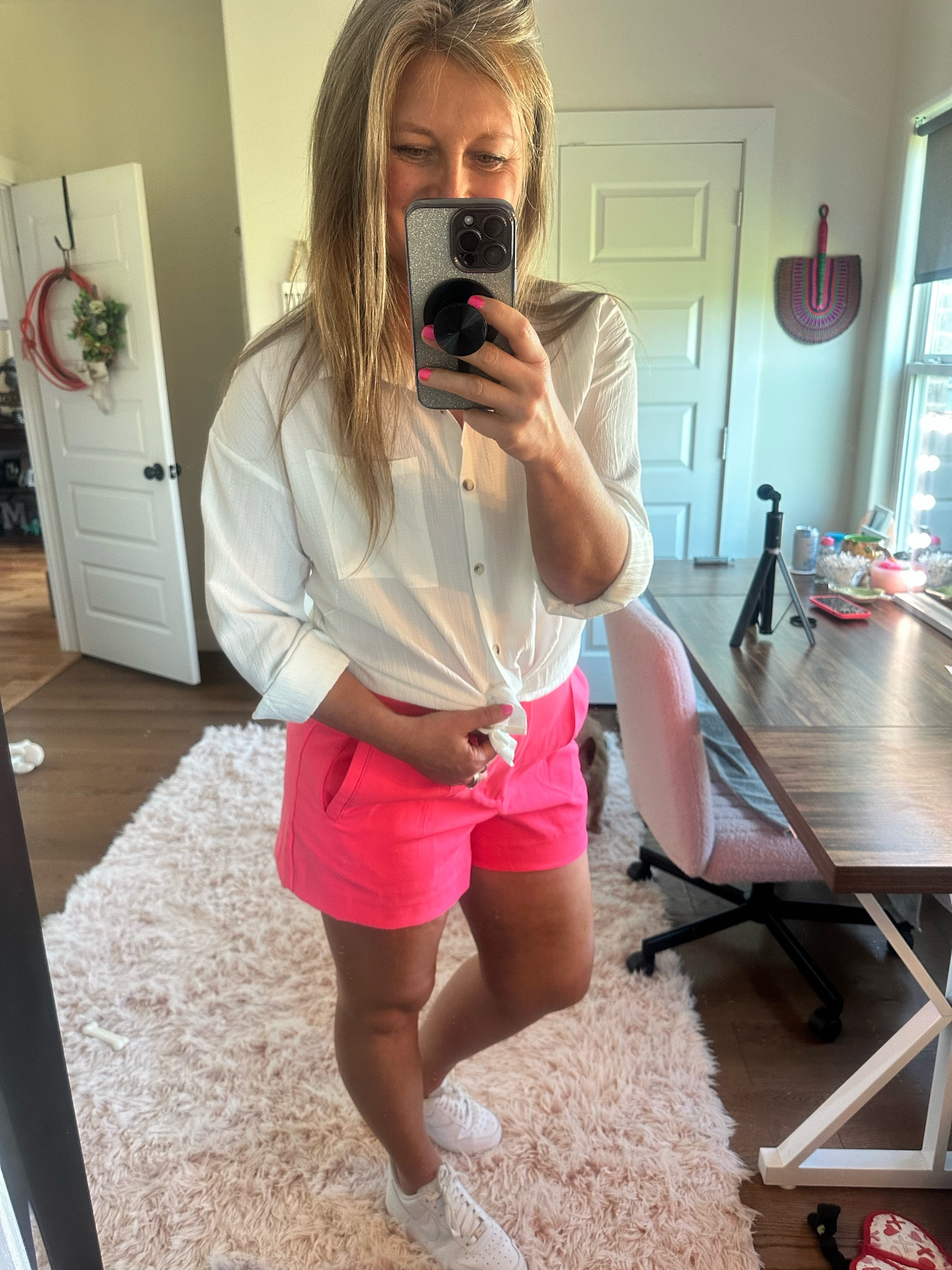 White long sleeve button up from Amazon. Pink high waisted shorts from Target. Shoes are Nike Air Force Ones 

#LTKMidsize #LTKFindsUnder50 #LTKFindsUnder100