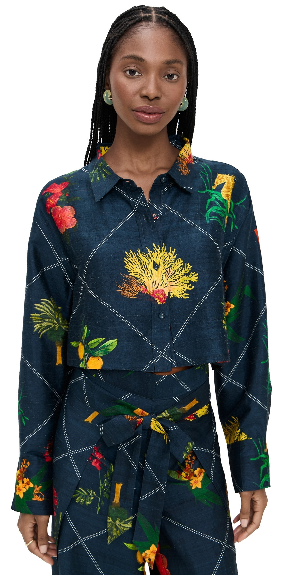 Coniglio Palm Beach Cropped Classic Silk Button Down Florida Frame Navy One Size | Shopbop