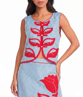 Farm Rio Sky Stripes Blue Crew Neck Sleeveless Coordinating Top | Dillard's | Dillard's