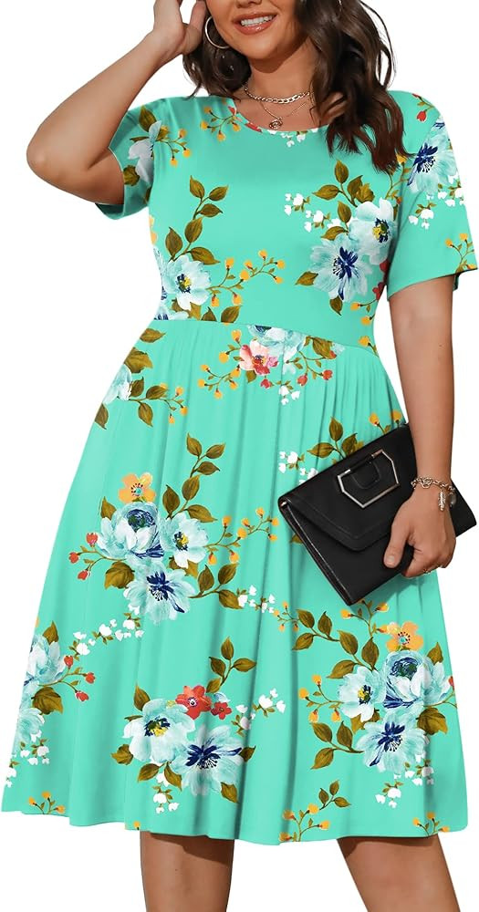 POSESHE Womens Plus Size Summer Dress 2026 Casual Short Sleeve Empire Waist Loose Fit Swing T-Shi... | Amazon (US)