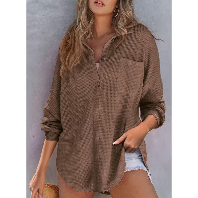 Women Waffle Knit Tops Henley Shirts Long Sleeve V Neck Solid Color Casual Tunic Brown S | Target
