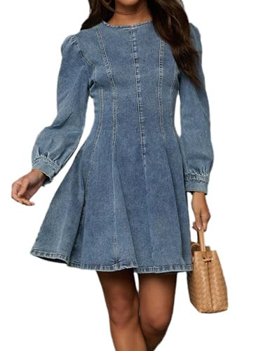 Conshvi Denim Shirt Dress for Women Long Sleeve Crewneck Denim Dresses 2025 Fall Cute A Line Mini Short Jean Dress, Blue, X-Large | Amazon (US)