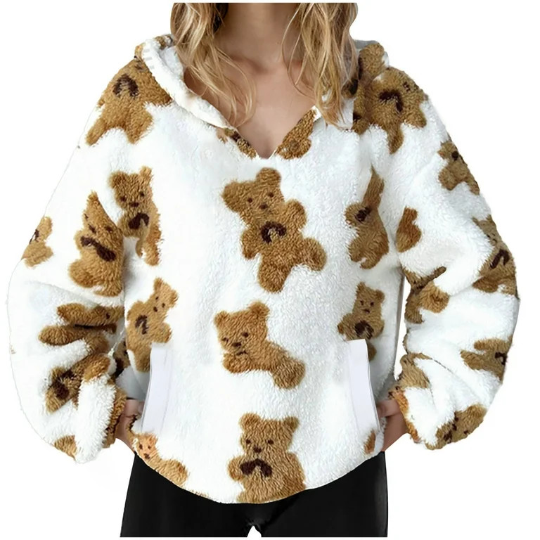 Women's Fuzzy Fleece Oversized Sweatshirts Hoodie Fall Long Sleeve Cute Teddy Bear Hooded Sweatsh... | Walmart (US)