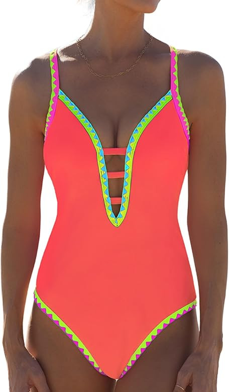 popvil Women One Piece Swimsuit Tummy Control Deep V Neck Neon Cute Bathing Suit Back Tie Swim Su... | Amazon (US)