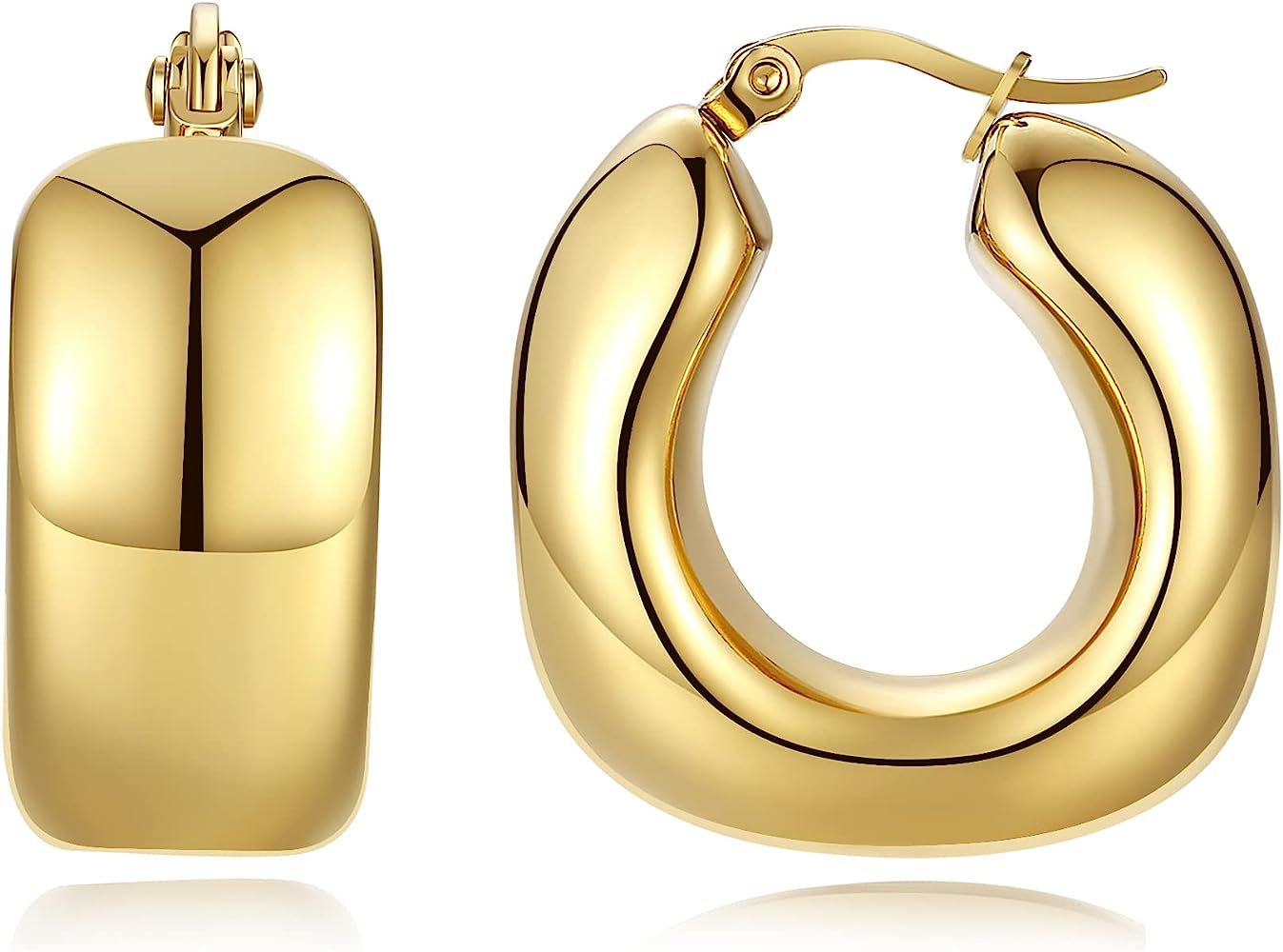 Chunky Gold Hoop Earrings for Women, Thick Stainless Steel Huggie Hoop Earrings with 18K Real Gol... | Amazon (US)