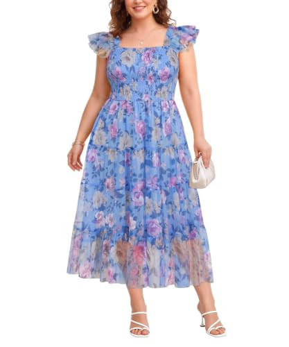 RITERA Plus Size Floral Dresses for Women Summer Tulle Sky Blue 2XL 18W 20W | Amazon (US)