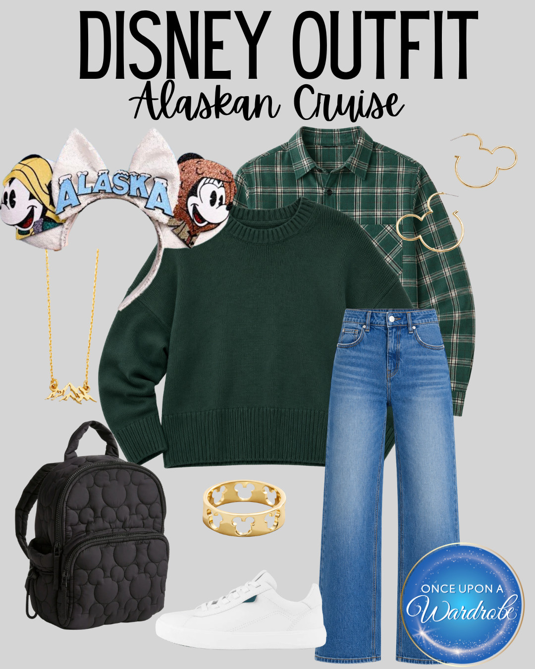 Disney Alaskan cruise outfit idea for glacier day, port days, and cooler weather onboard 🏔️ This layered Alaska cruise look pairs a green sweater, plaid button-up, jeans, white sneakers, black Mickey backpack, Alaska ears, and subtle Disney accessories for a cozy outfit that still feels cute for Disney Cruise Line photos. 

 #LTKootd #LTKSeasonal #LTKTravel