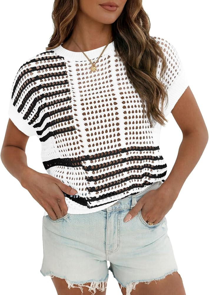 Fisoew Womens Short Sleeve Sweater Summer Striped Crochet Tops Crewneck Cap Sleeve Casual Knit Be... | Amazon (US)