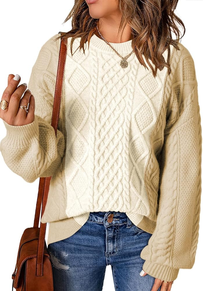 Dokotoo Womens Fashion Fall Sweaters Color Block Round Neck Womens Sweater Chunky Cable Knit Cute... | Amazon (US)