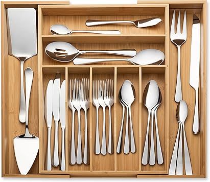 Drawer utensil organizer for kitchen storage , Bamboo Expandable Silverware holder, Adjustable cu... | Amazon (US)