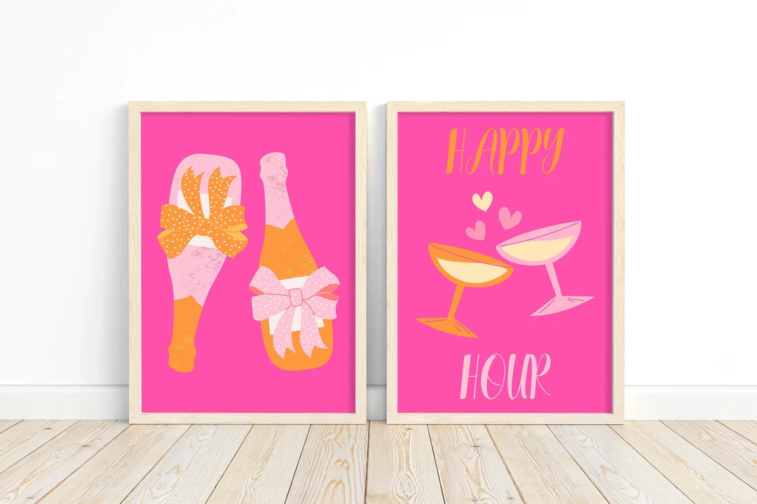 Champagne wall art Happy Hour print Bar Cart decor Orange Hot pink Birthday party Cheers poster S... | Etsy (US)