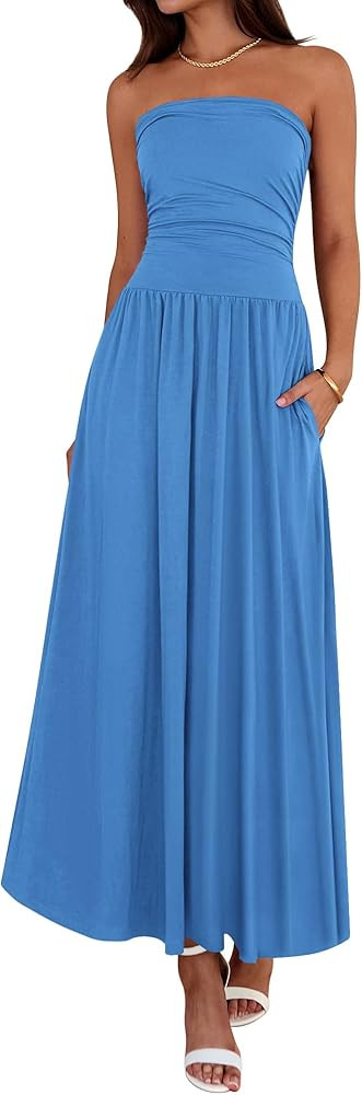 BTFBM Summer Maxi Dresses for Women 2026 Strapless Ruched Tube Top Beach Vacation Spring Wedding ... | Amazon (US)