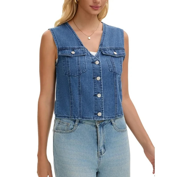 INSPIRE CHIC Women's Cropped Denim Vest V Neck Western Button Up Sleeveless Jean Waistcoat Jacket... | Walmart (US)