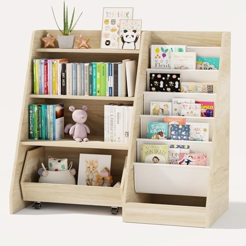 COZPAW Kids Bookshelf and Toy Storage, 4 Tier Toddler Bookshelf with Movable Drawer 5 Sling Pocke... | Amazon (US)