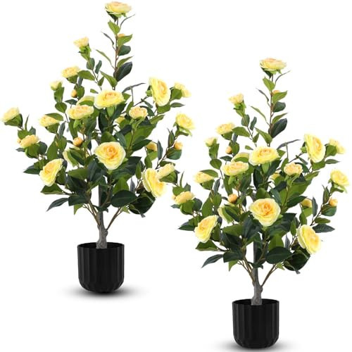 Hananona 2 Pcs Artificial Camellia Trees Faux Camellia Plant in Pot with Flowers Indoor Plants for Spring Home Decor Outdoor Porch Front Door Decor (Yellow, M) | Amazon (US)