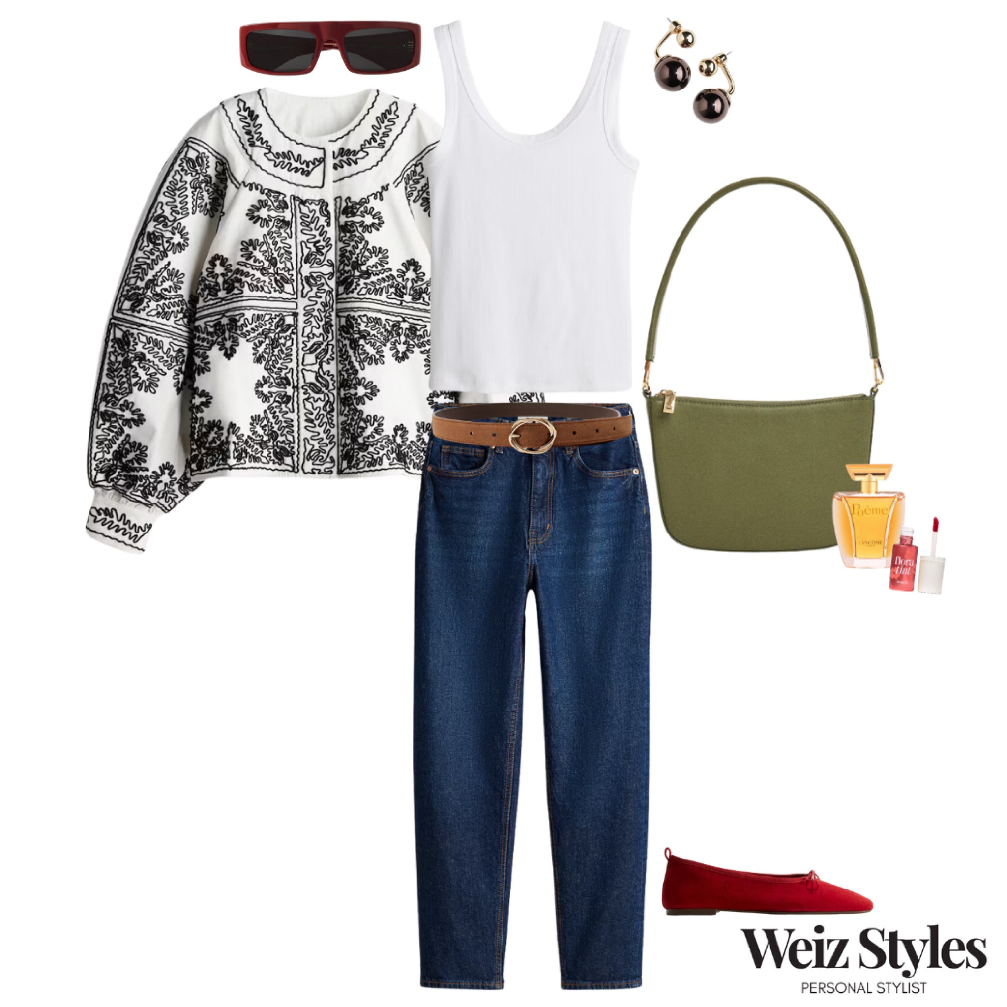 Elevate your wardrobe effortlessly with this stylish outfit idea ✨ perfect for everyday, with a touch of sophistication, this look will make you feel effortlessly put together 💃🏻

Head to www.Weizstyles.com to find out more about my personal styling services 💖

Louise x

Personal stylist, styling, ootd, neutral aesthetic, London, Weiz styles, shopping, outfit of the day, uk, confident, handbag, bag, perfume, fragrance, lipstick, lip, elevate you style, feel good, flat lay, shopping, green bag, net a porter, designer, highstreet, lipgloss, earrings, mango, H&M, jeans, denim, skinny fit, belt, brown, gold, indigo, white, cami, tank, rib, casual, cool, everyday, style, elevate, jacket, black, embroidery, pretty, details, effortless, red, shoes, ballerinas, flats, slip on, sunglasses, fun, personality, shopping, creative 

#LTKsummer #LTKstyletip #LTKuk