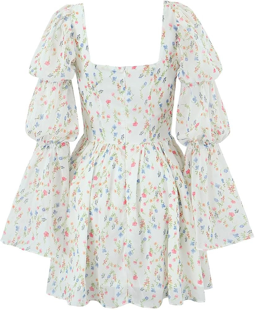 Women Long Sleeve Square Neck Dress Sweet Floral Print Mini Dress Lace Cropped Dress Fashion Holi... | Amazon (US)