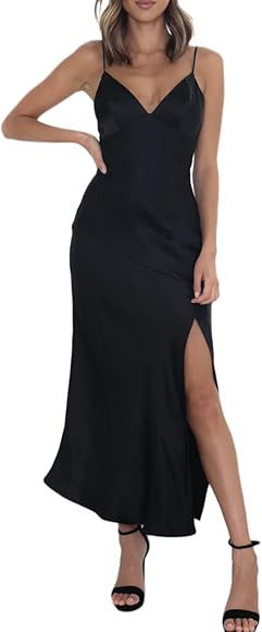 HKMECRI Summer Satin V Neck Silp Midi Dress for Women Wedding Guest 2023 Sexy Spaghetti Strap Bac... | Amazon (CA)