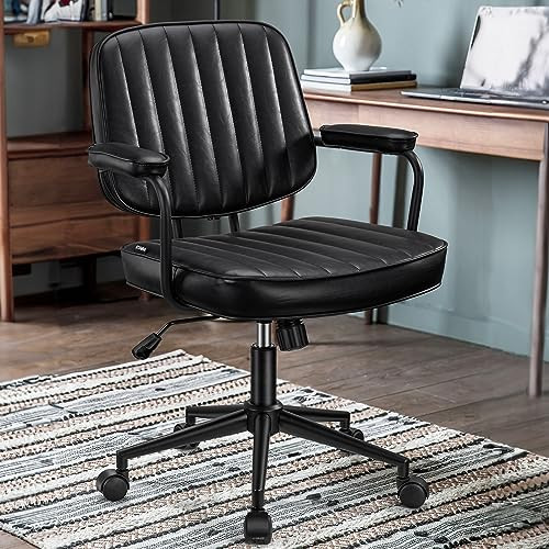Artswish Mid Century Office Chair Leather Desk Chair Black Office Desk Chair Home Office Chair with Wheels and Arms | Amazon (US)