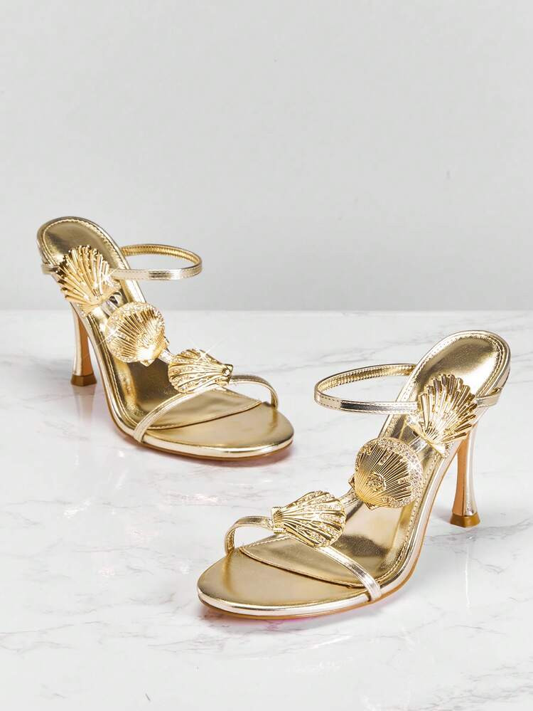 SHUZIA Women's Sexy Elegant Slip-On Stiletto Heel Sandals With Gold Metal Decor For Christmas | SHEIN